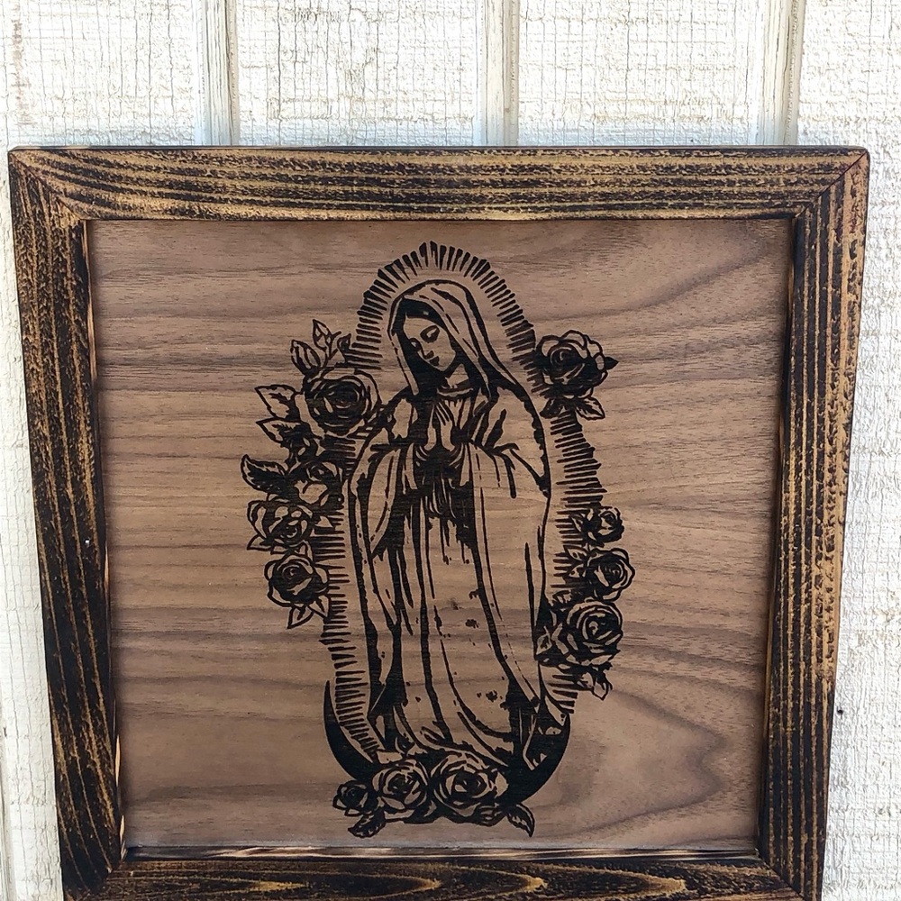 Wooden Religious Art Rustic Frame with Virgin de Guadalupe and Roses